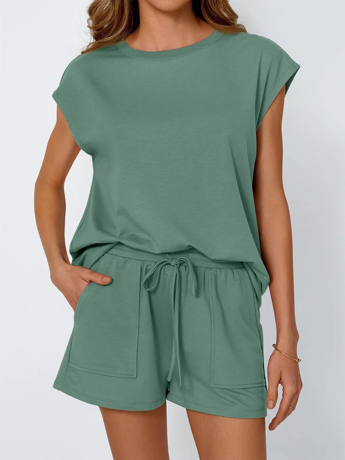 Round Neck Cap Sleeve Top and Shorts Set Green OutfitFlow