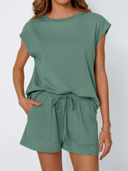 Round Neck Cap Sleeve Top and Shorts Set Green OutfitFlow