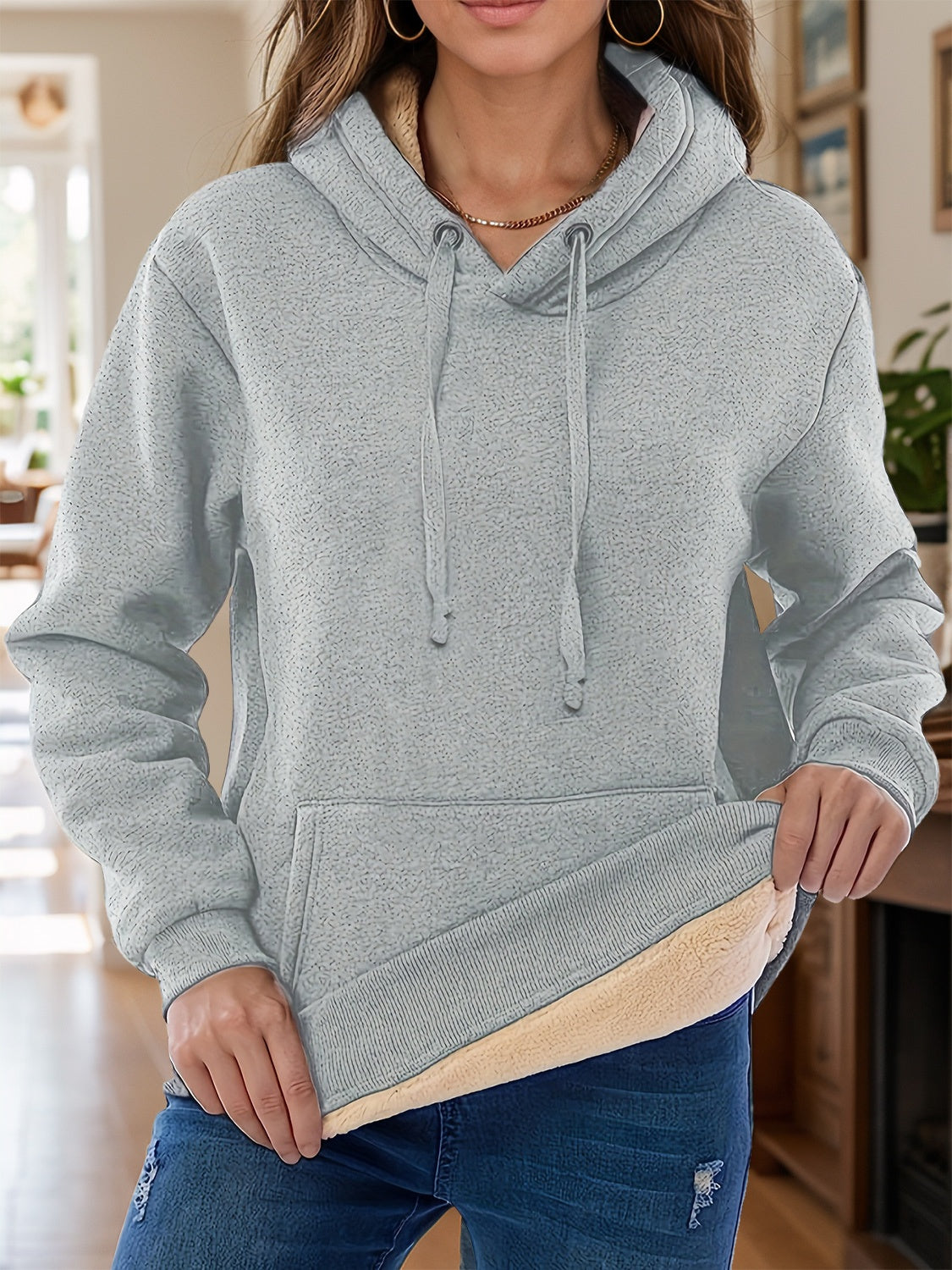 Drawstring Long Sleeve Hoodie with Kangaroo Pocket Light Gray OutfitFlow