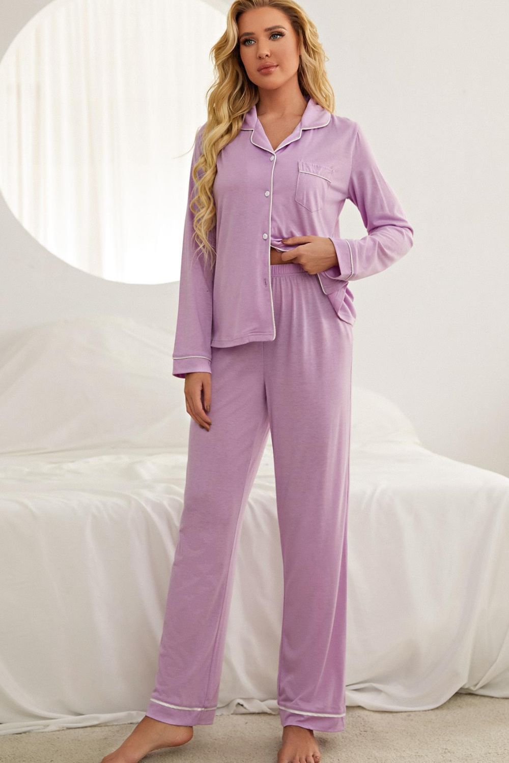 Outfit Flow - Contrast Piping Button Down Top and Pants Loungewear Set