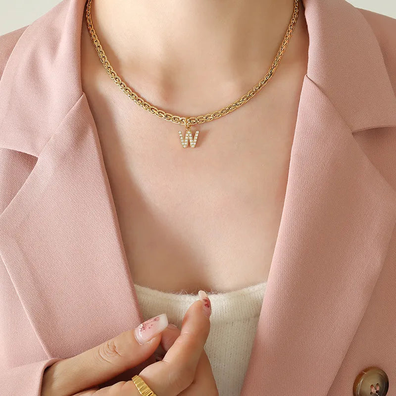 Brass Inlaid Zircon Letter Pendant Necklace Style W One Size OutfitFlow