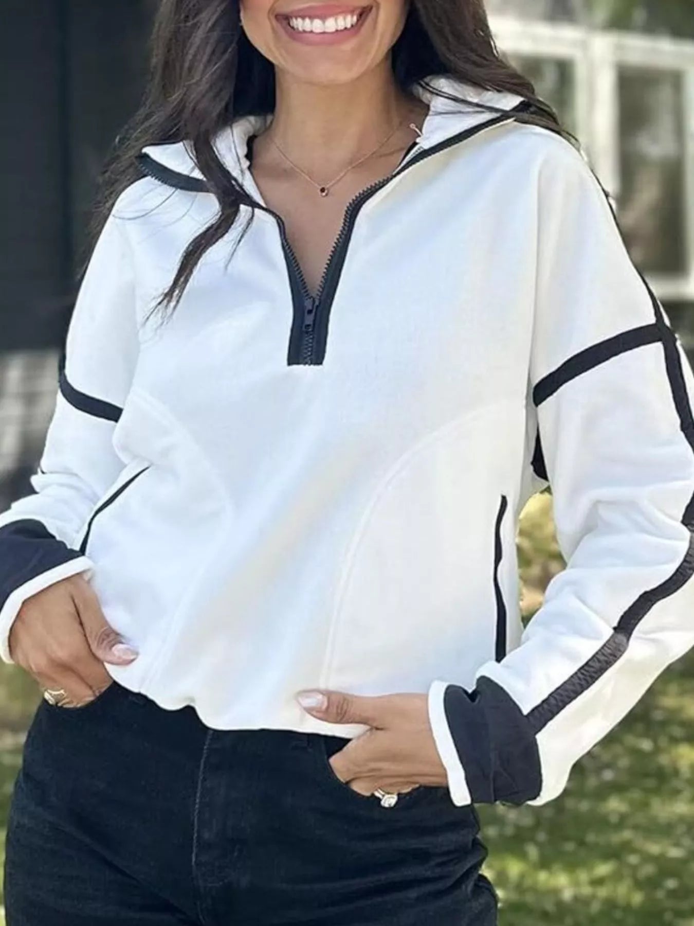 Half Zip Dropped Shoulder Sweatshirt White OutfitFlow
