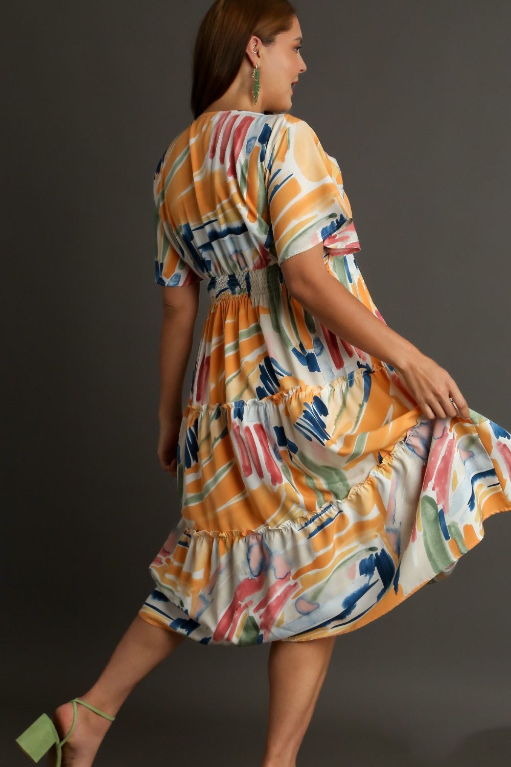 Umgee Full Size Abstract Print Flutter Sleeve Frill Tiered Midi Dress Plus Size OutfitFlow