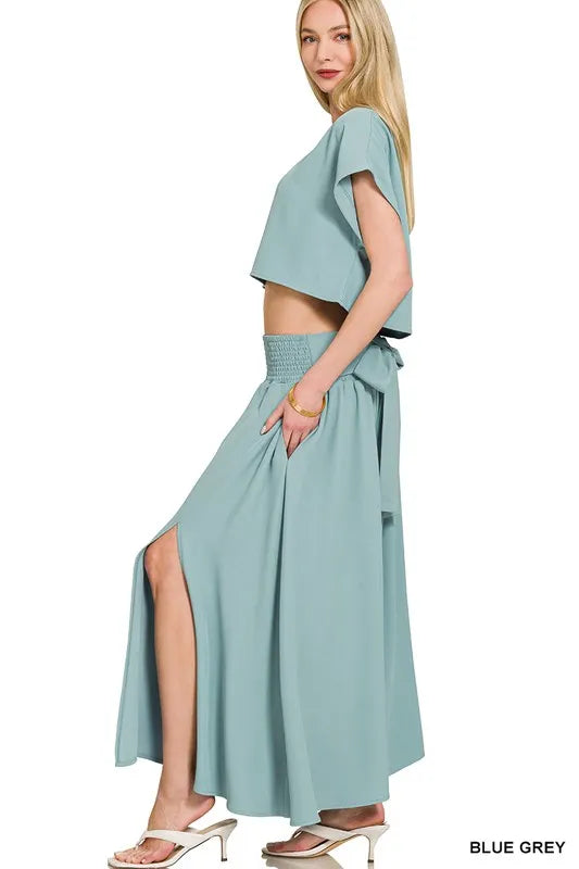 Zenana Heavy Woven Span Crop Tee & Skirt Set OutfitFlow