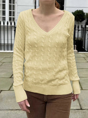 Cable Knit V-Neck Sweater Light Yellow Trendsi