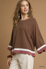 Umgee Scalloped Hem Color Block Top OutfitFlow