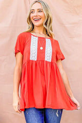 And The Why Lace Detail Short Sleeve Casual Top CORAL OutfitFlow