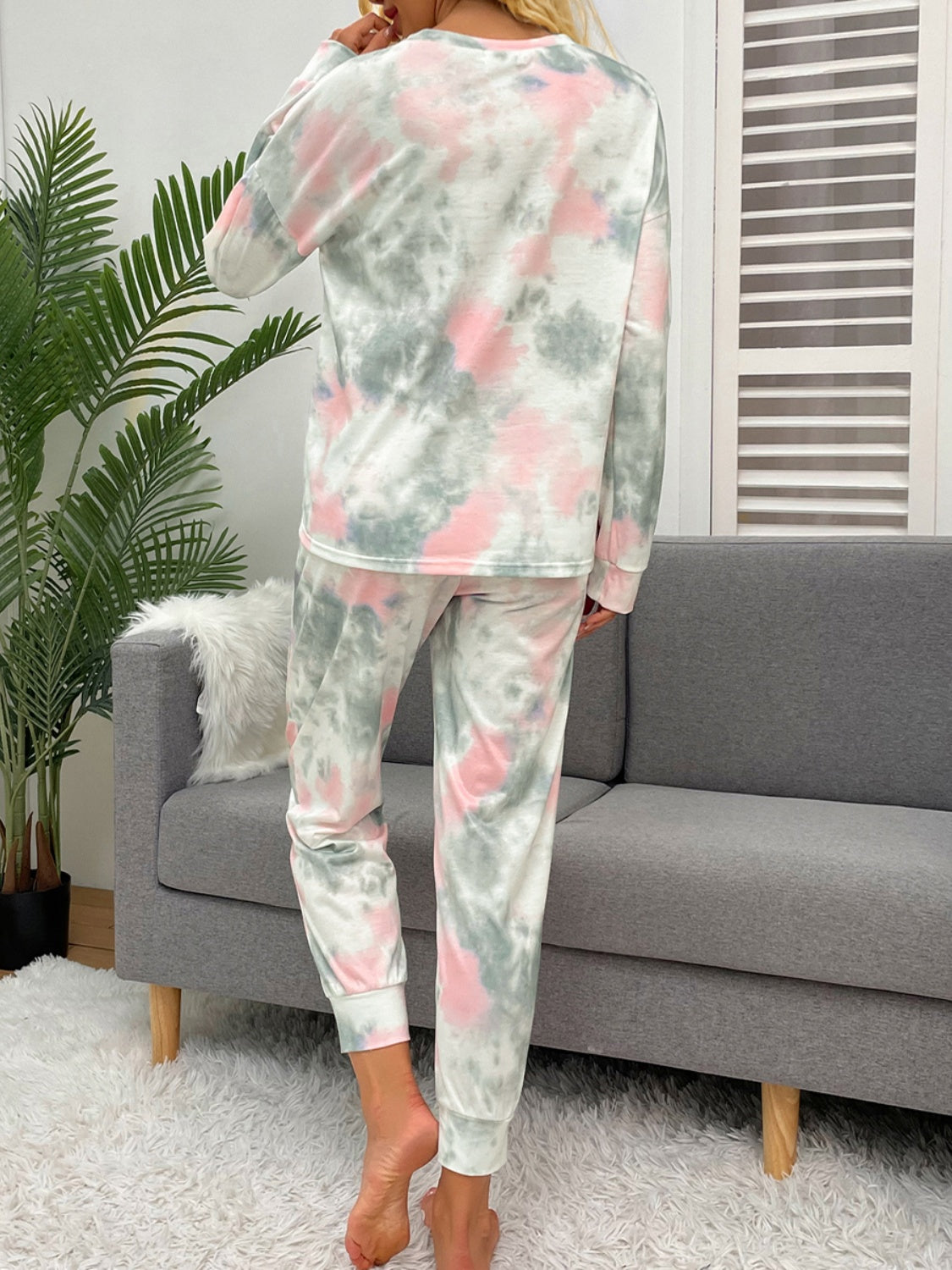 Outfit Flow - Shiny Tie-Dye Round Neck Top and Drawstring Pants Lounge Set