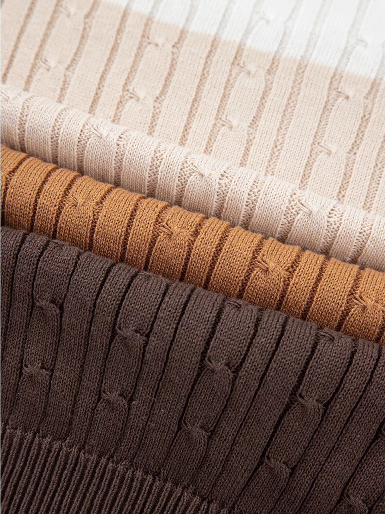 Colorblock Cable Knit Round Neck Sweater OutfitFlow