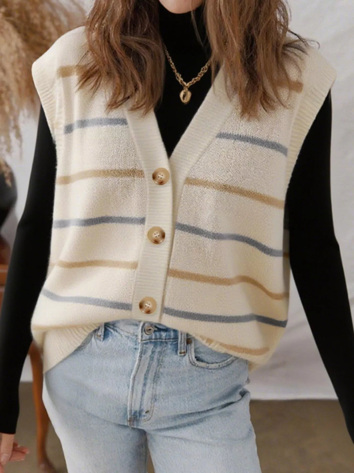Striped Button-Down Sweater Vest Beige OutfitFlow