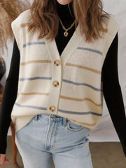 Striped Button-Down Sweater Vest Beige OutfitFlow