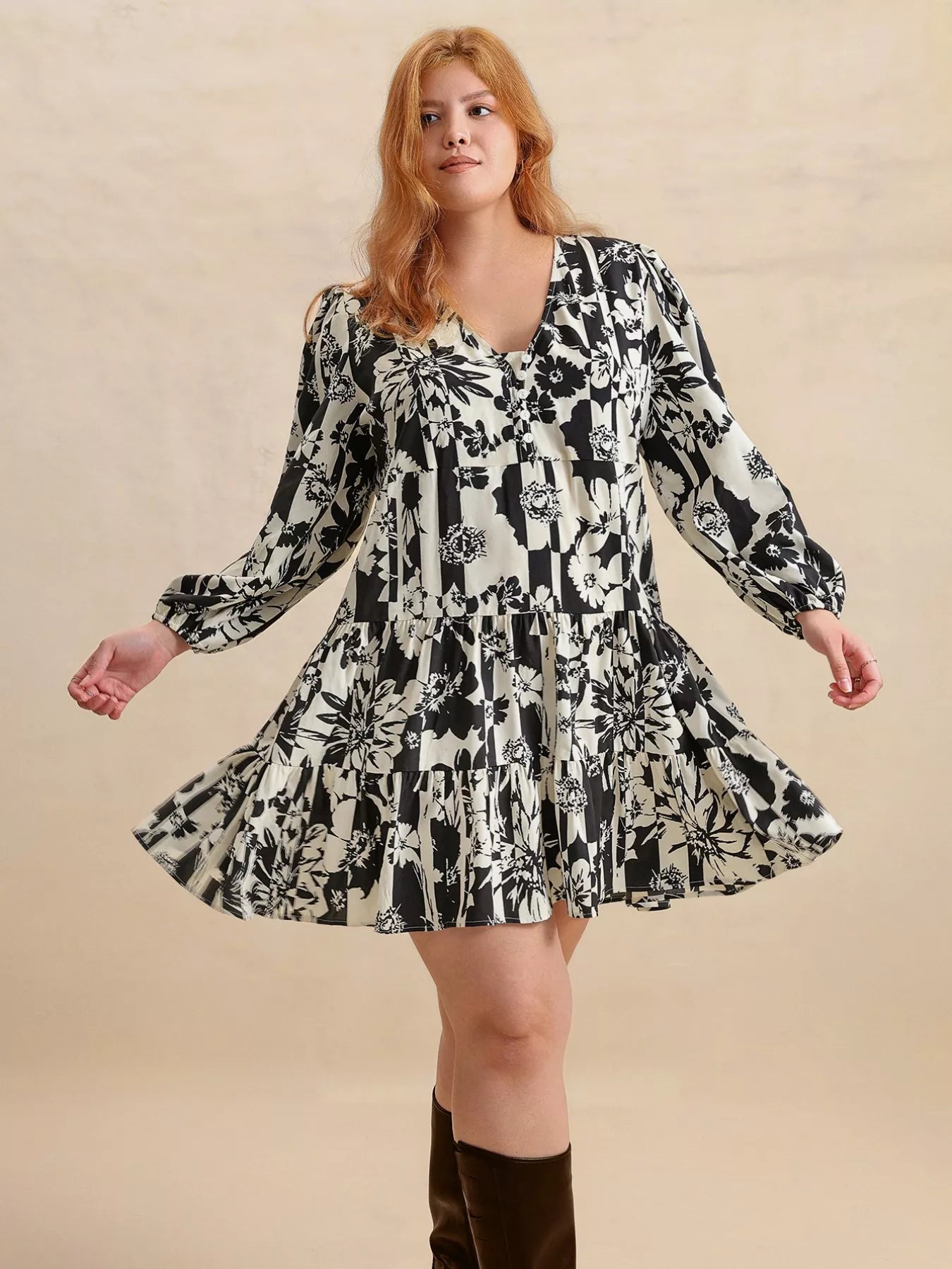 Plus Size Printed V-Neck Long Sleeve Mini Dress OutfitFlow