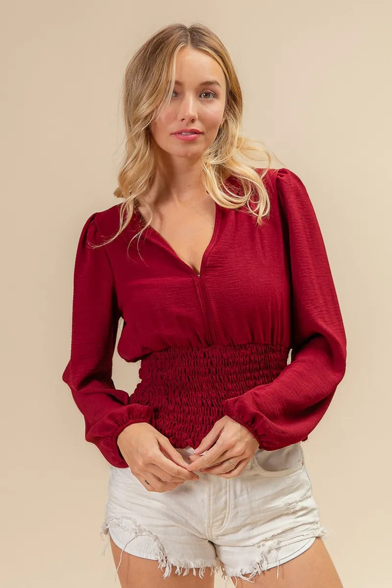 BiBi Smoking Waist Band and Puff Sleeves Deep V Neck Top OutfitFlow