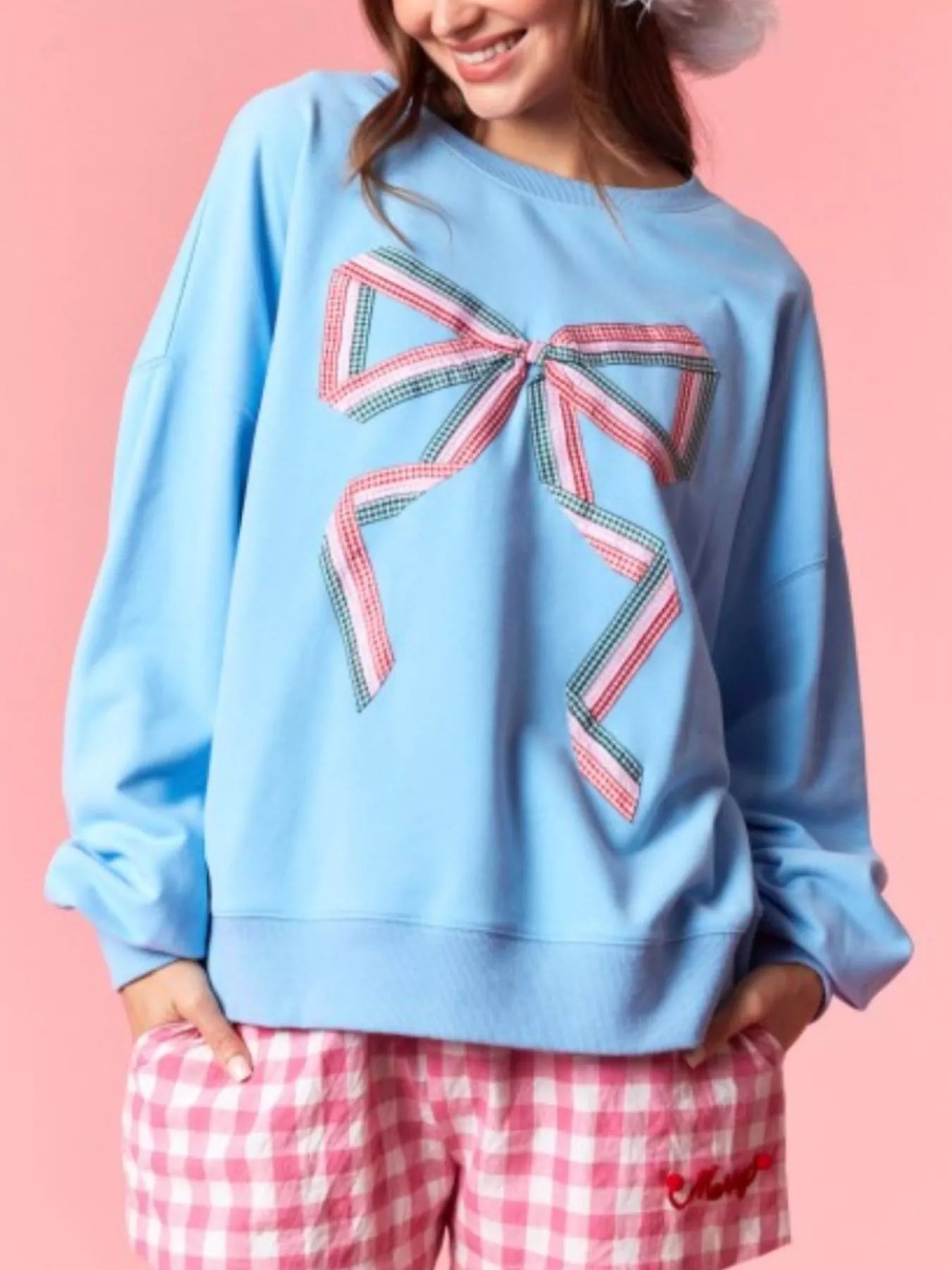 Bow Crew Neck Sweatshirt Blue OutfitFlow
