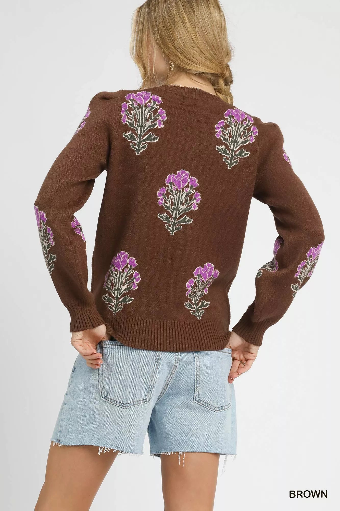 Umgee Single Flower Stem Jacquard Sweater OutfitFlow