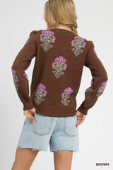 Umgee Single Flower Stem Jacquard Sweater OutfitFlow