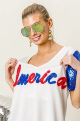 BiBi Metallic Letter V-neck Sequin Sleeves Top OutfitFlow