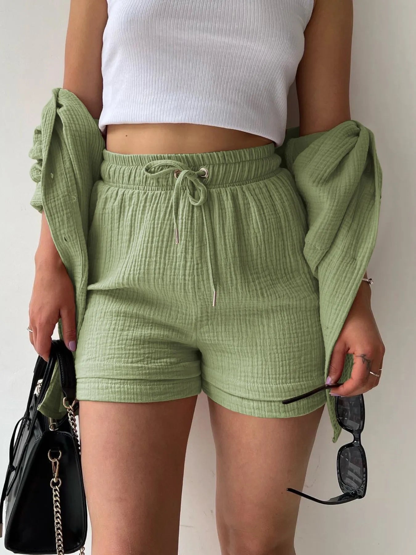 Textured Button Up Shirt and Shorts Set OutfitFlow