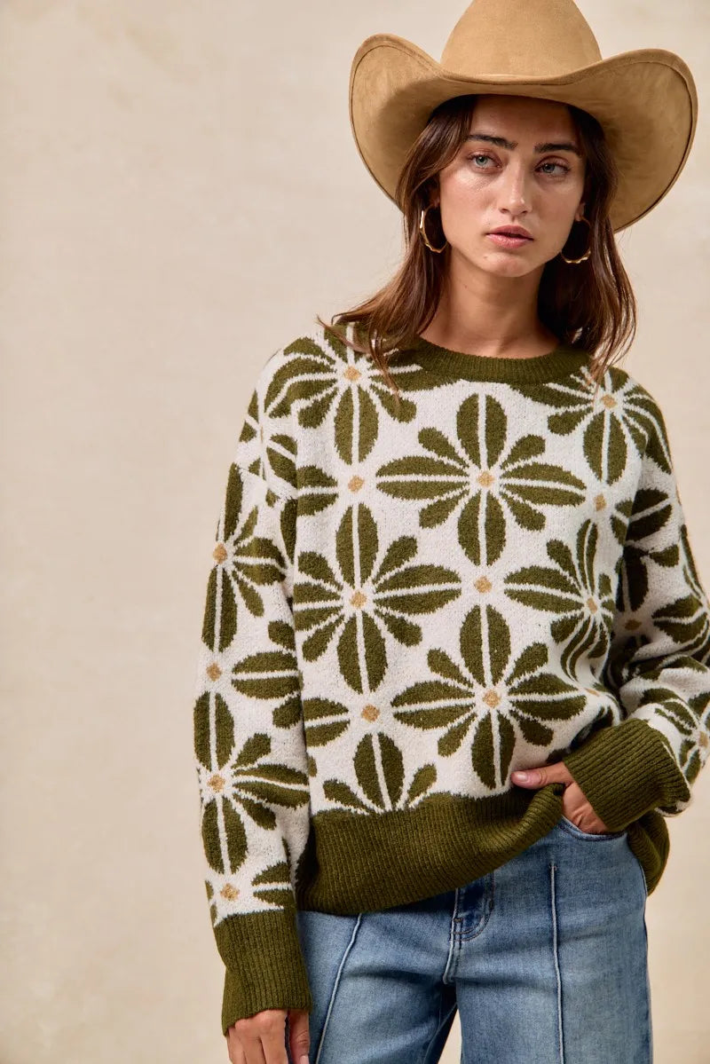BiBi Flower Pattern Long Sleeve Sweater OutfitFlow