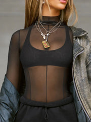 Mock Neck Long Sleeve Sheer Top OutfitFlow