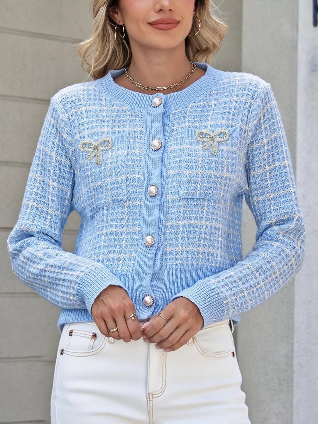 Bow Decor Button Up Cardigan Light Blue Trendsi