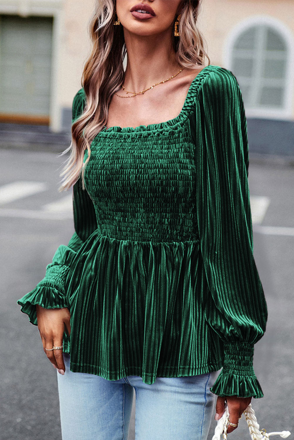 Outfit Flow - Smocked Ribbed Velvet Babydoll Top