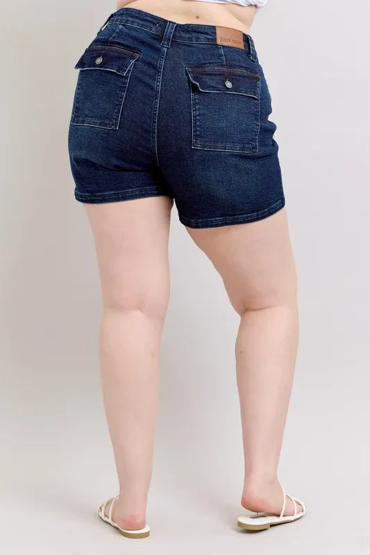 Judy Blue Full Size High Waist Back Flap Pocket Denim Shorts Plus Size OutfitFlow