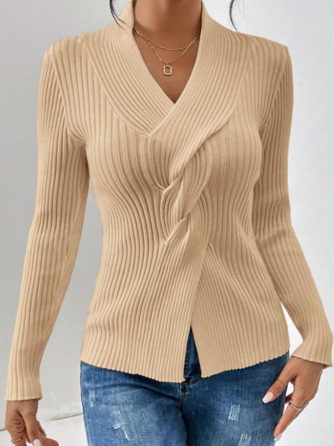 Outfit Flow - Twist Front Ribbed Long Sleeve Sweater