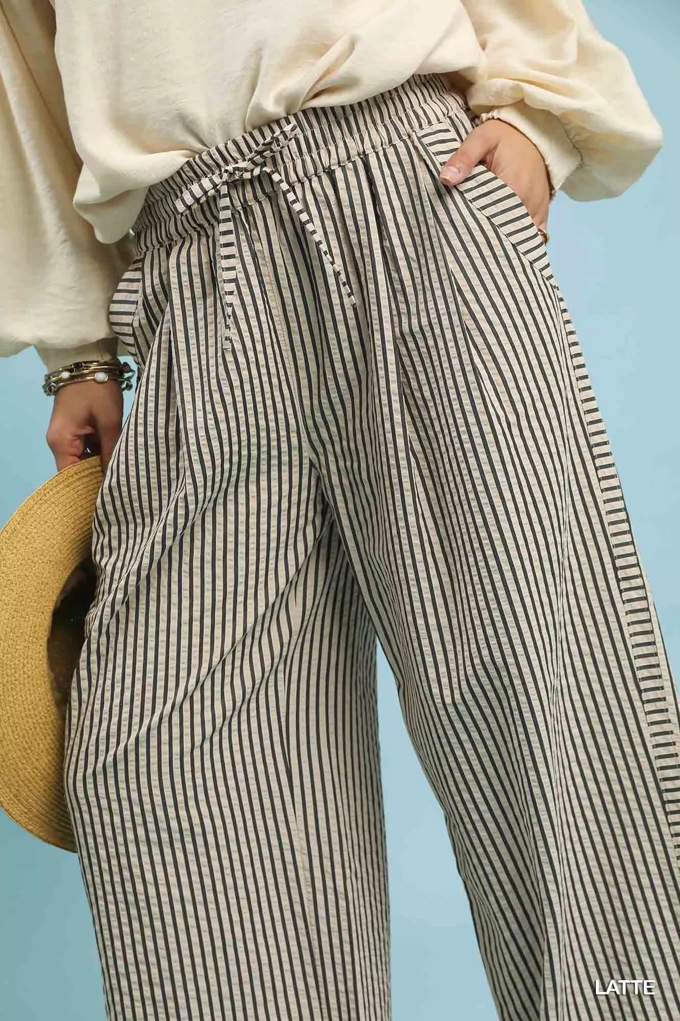 Umgee Drawstring Striped Wide-Leg Pants Trendsi