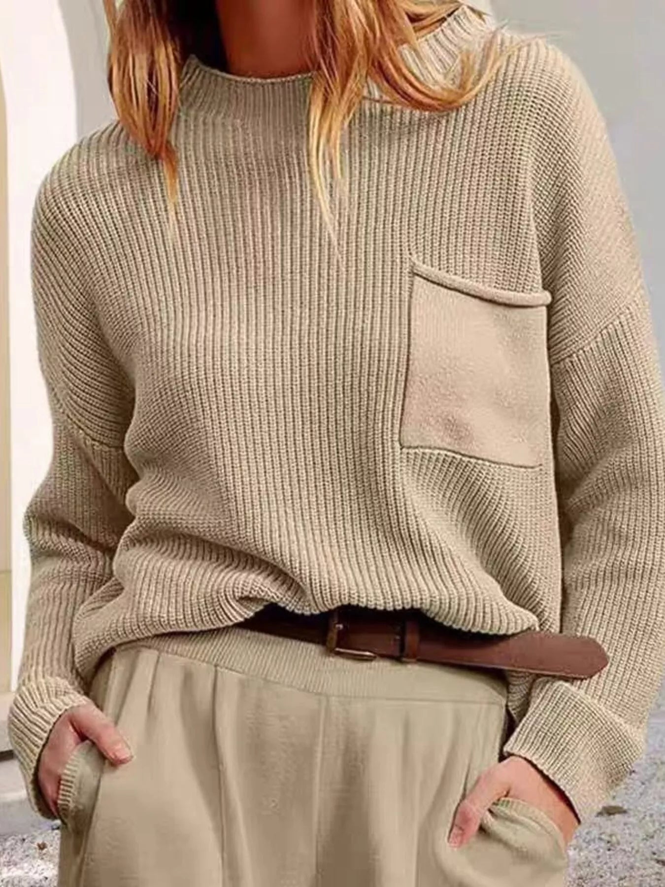 Pocket Detail Dropped Shoulder Sweater Khaki One Size OutfitFlow