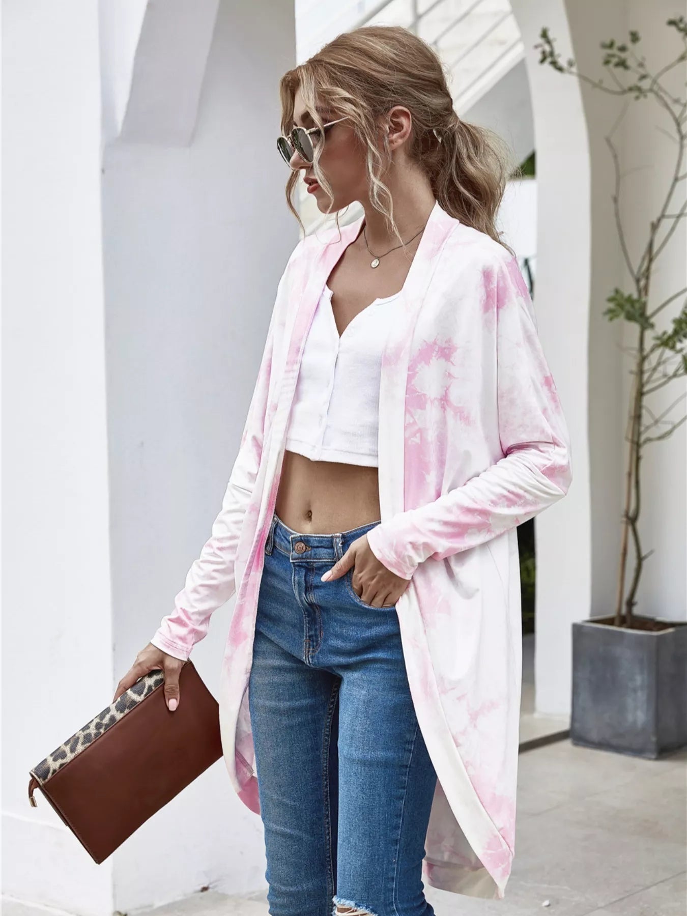 Tie-Dye Oversized Open Front Cardigan Blush Pink OutfitFlow