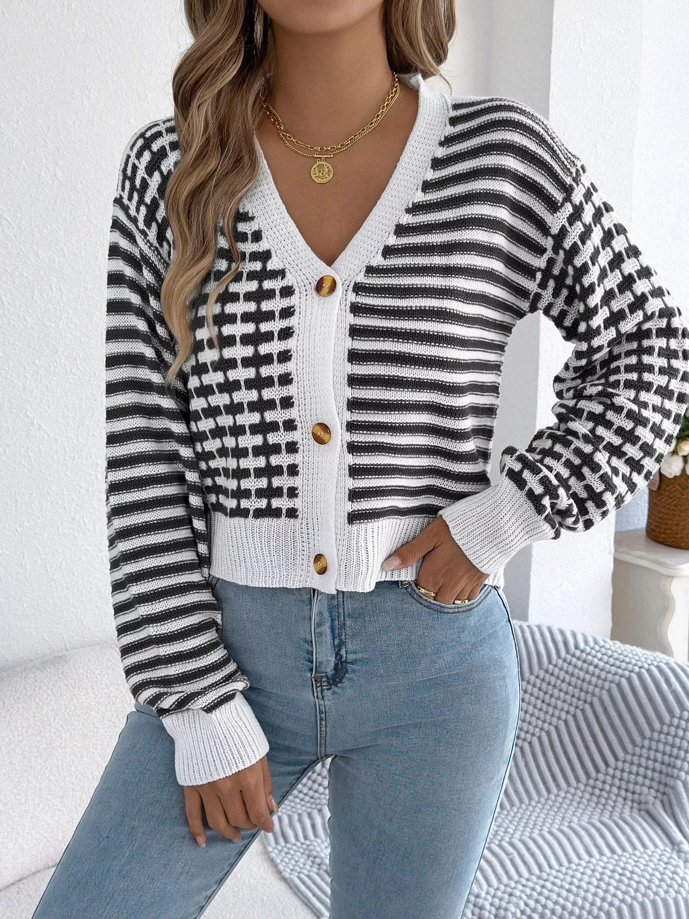 Striped Button-Up Cropped Cardigan Black OutfitFlow