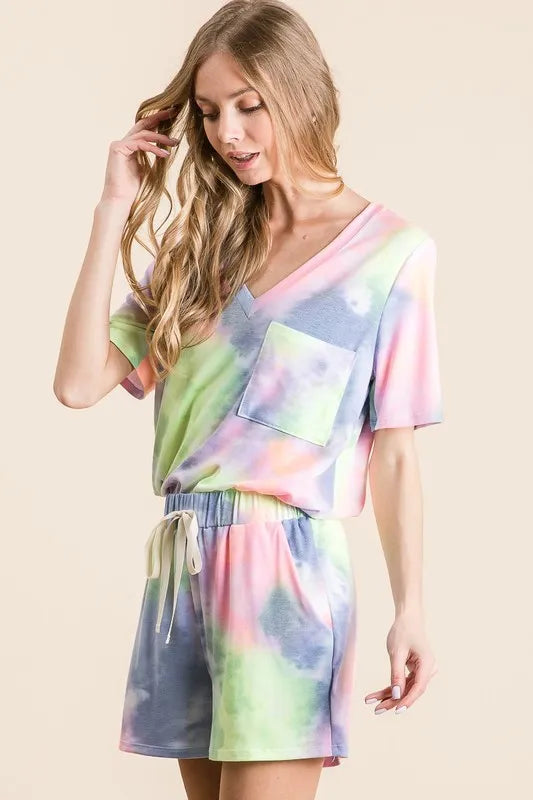 BiBi Tie Dye Casual Shorts with Twill Tape Drawstring OutfitFlow