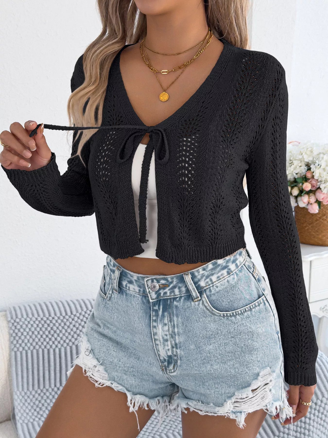 Openwork Tie Front Long Sleeve Cardigan OutfitFlow