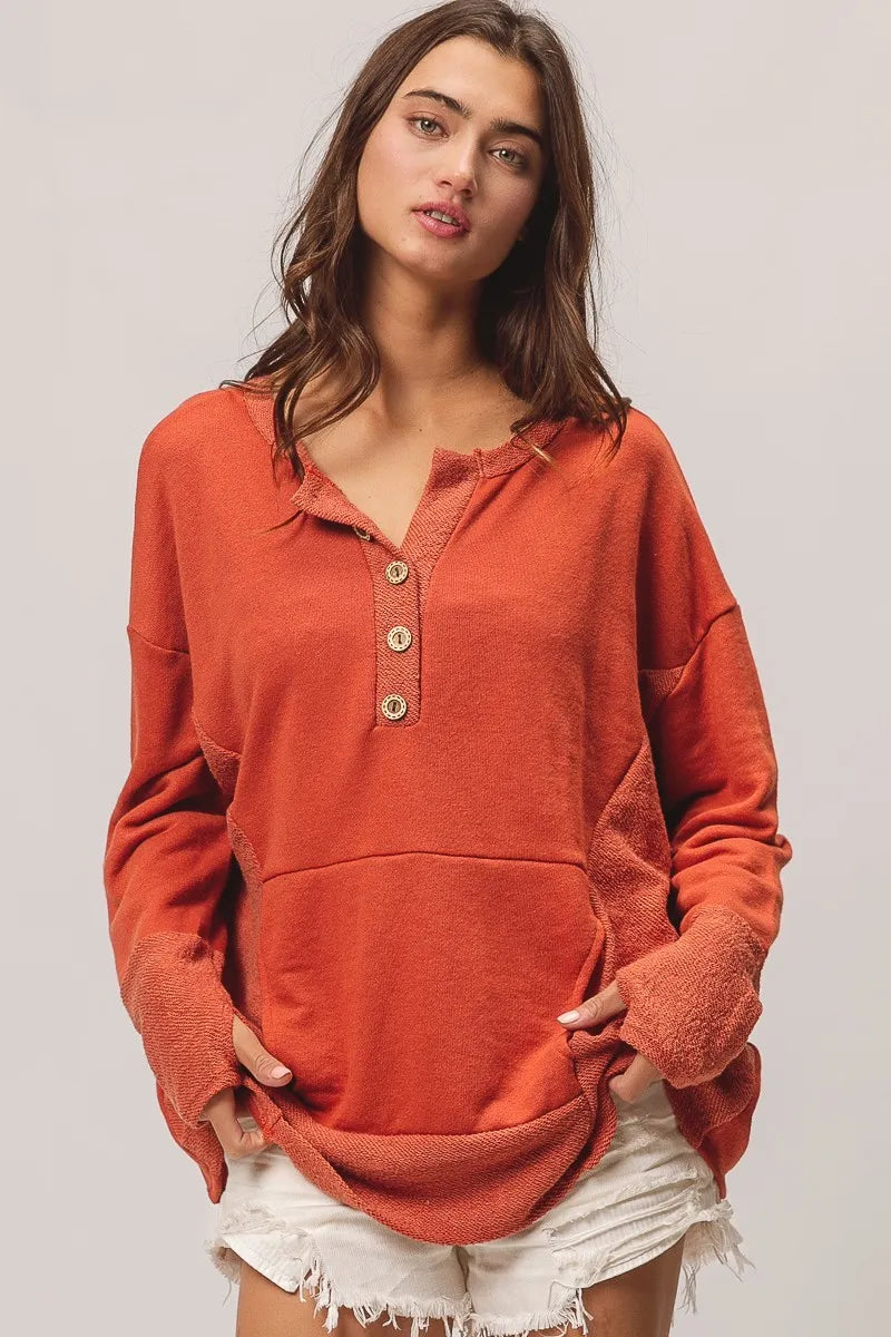 BiBi French Terry Knit Side Block Buttoned Henley Top RUST Trendsi