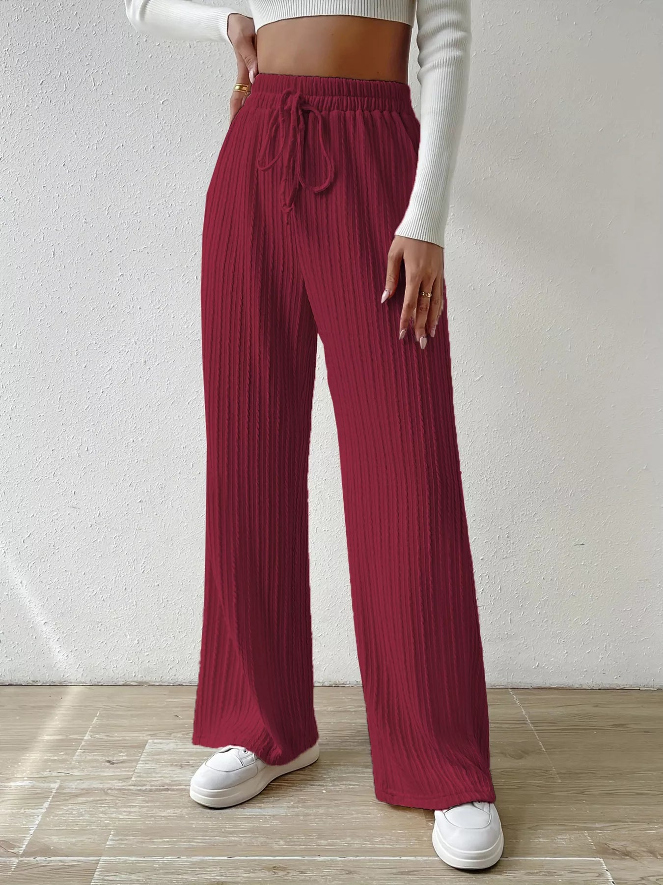 Drawstring Wide Leg Pants Wine Red OutfitFlow