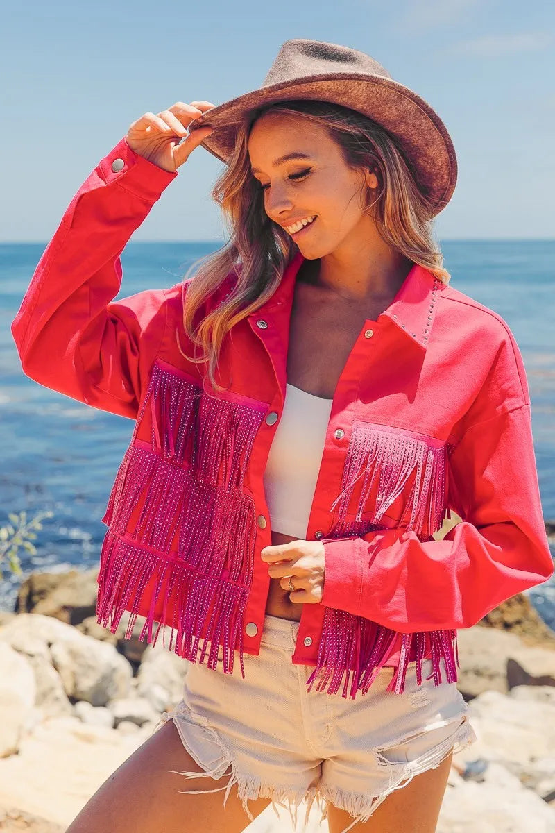 BiBi Rhinestone Fringe with Studed Collar Jacket OutfitFlow