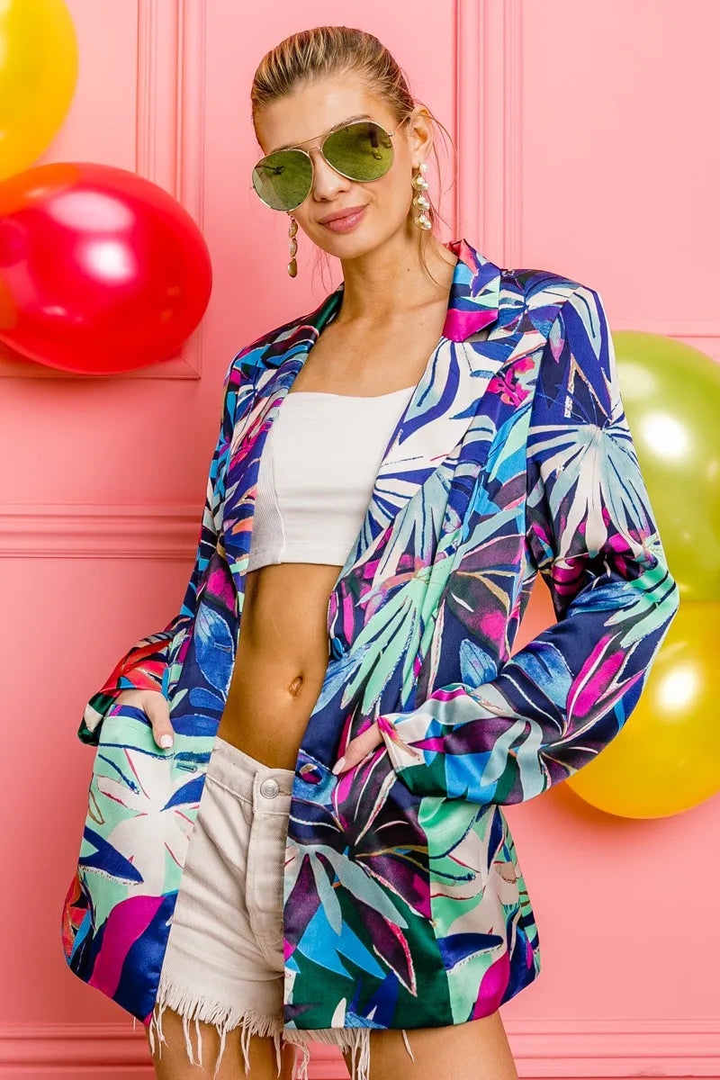 BiBi Thin Satin Tropical Single Blazer OutfitFlow