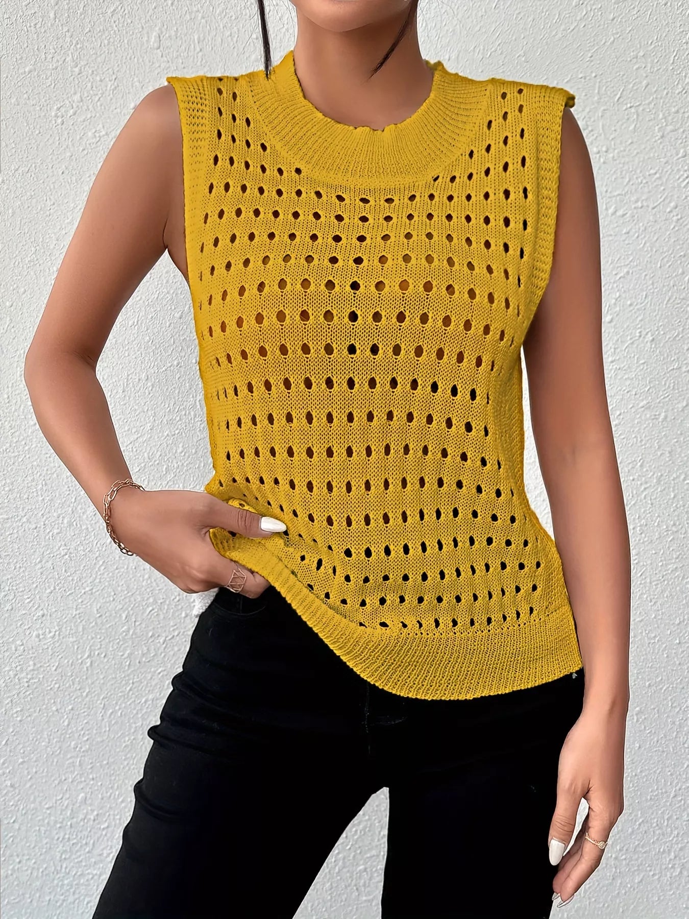 Hollow Out Round Neck Knit Tank Gold OutfitFlow