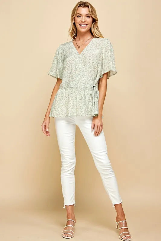Lime 'N' Chili Ditsy Print V-Neck Short Sleeve Wrap Blouse OutfitFlow