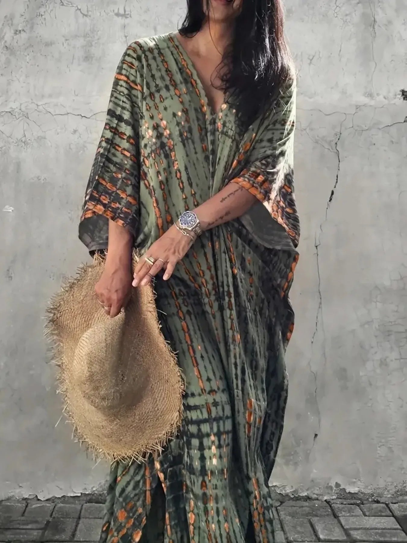 Tie-Dye V-Neck Maxi Dress with Flowy Sleeves OutfitFlow