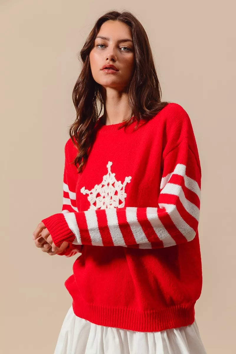 SO ME Christmas Snowflake Crochet Embellished Sweater Trendsi