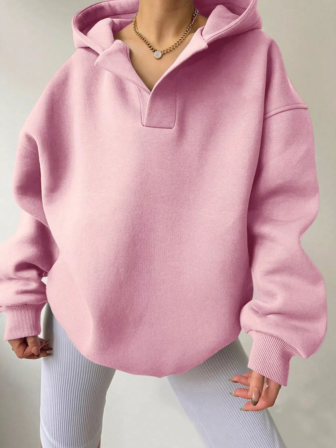 Dropped Shoulder Long Sleeve Sweatshirt Pink OutfitFlow