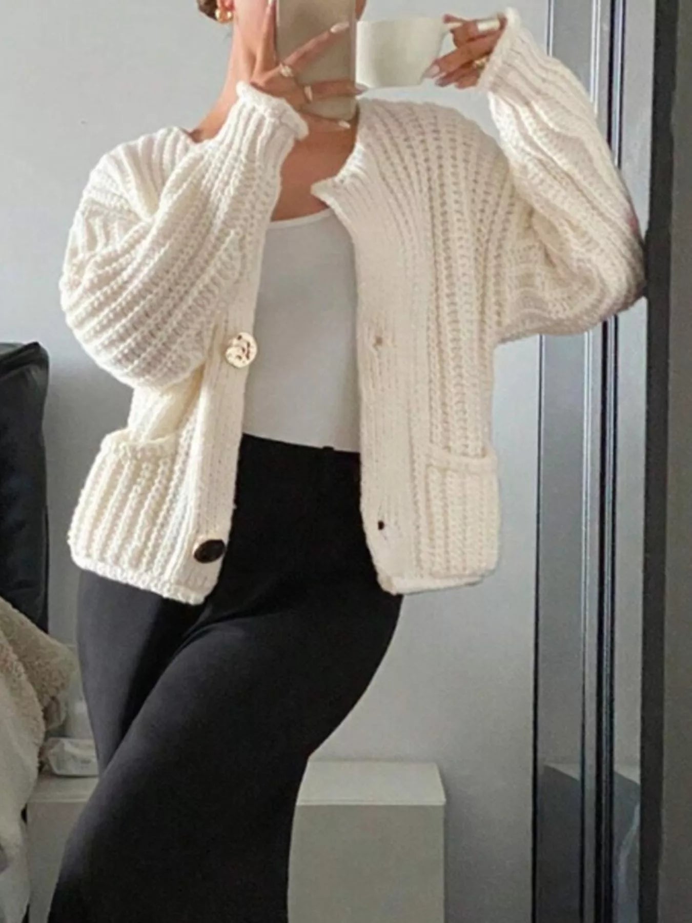 Button Up Dropped Shoulder Cardigan OutfitFlow