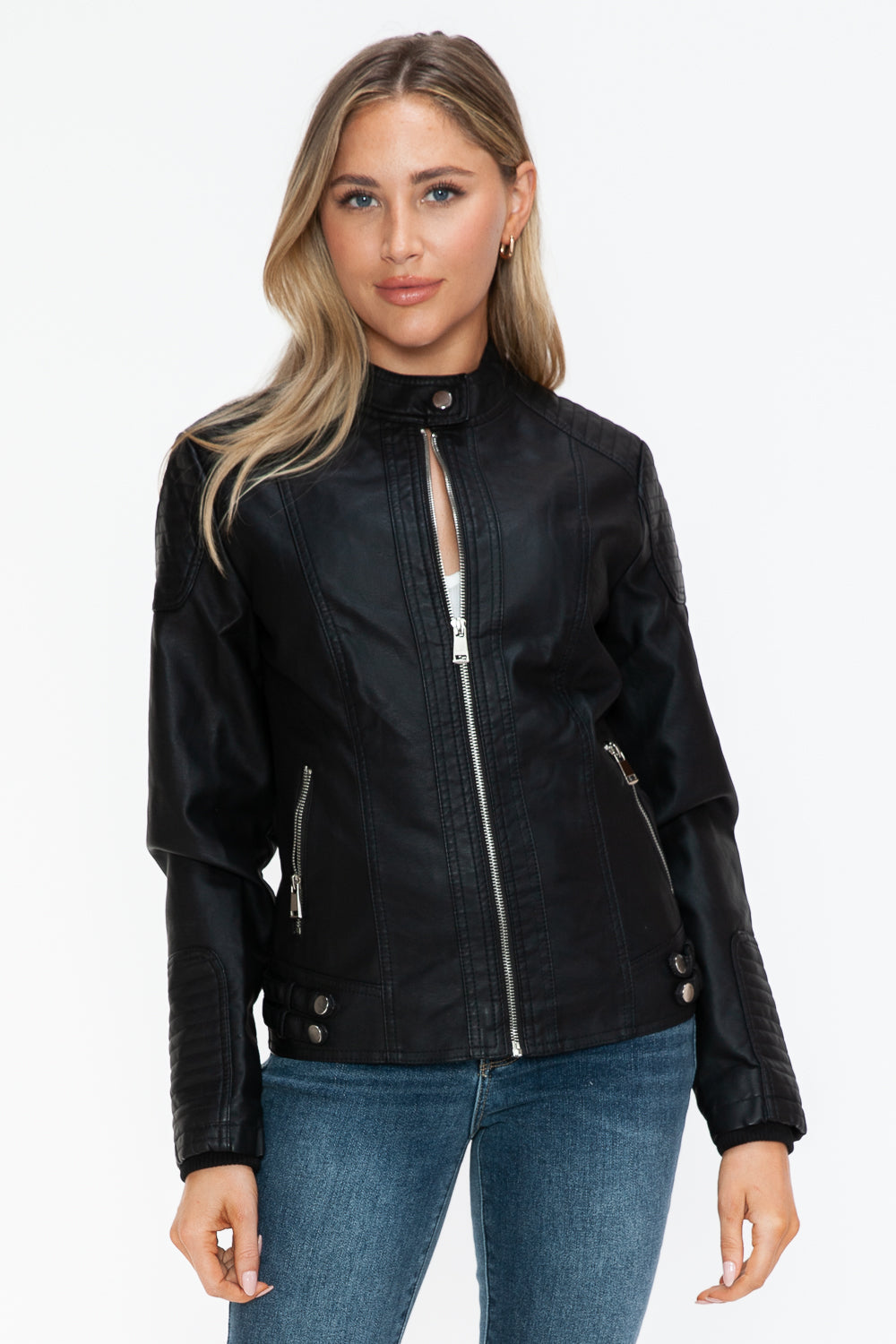 Outfit Flow - Snobbish Faux Leather Biker Jacket with Side Zip Pockets