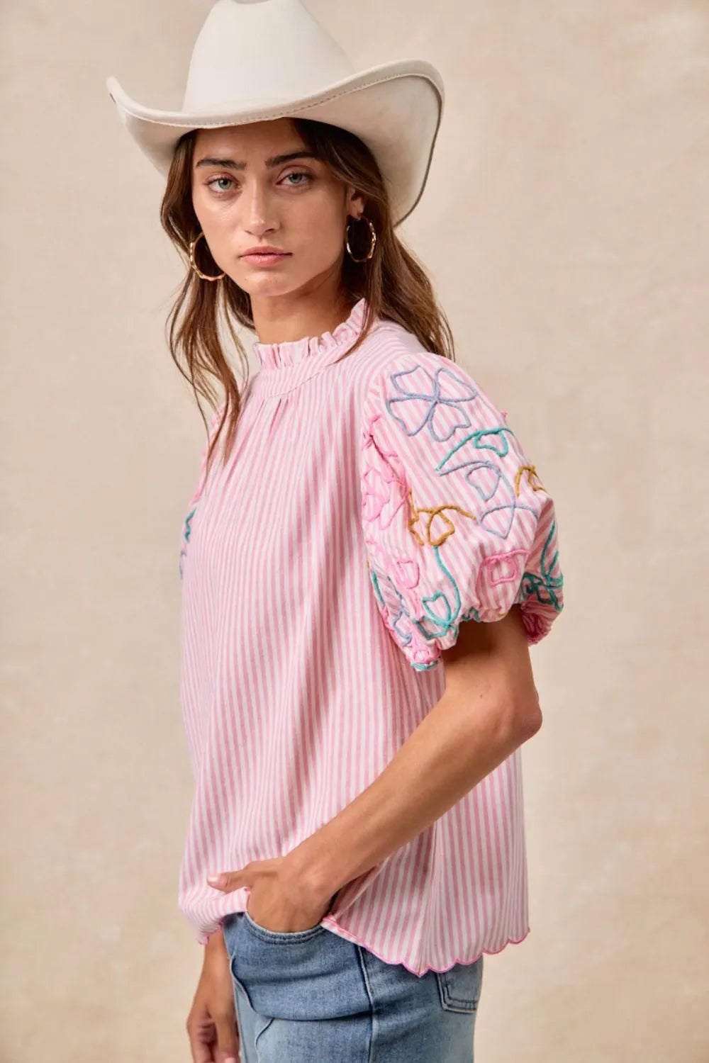 BiBi Embroidery Bubble Sleeve Top With Bottom Scallop Detail OutfitFlow