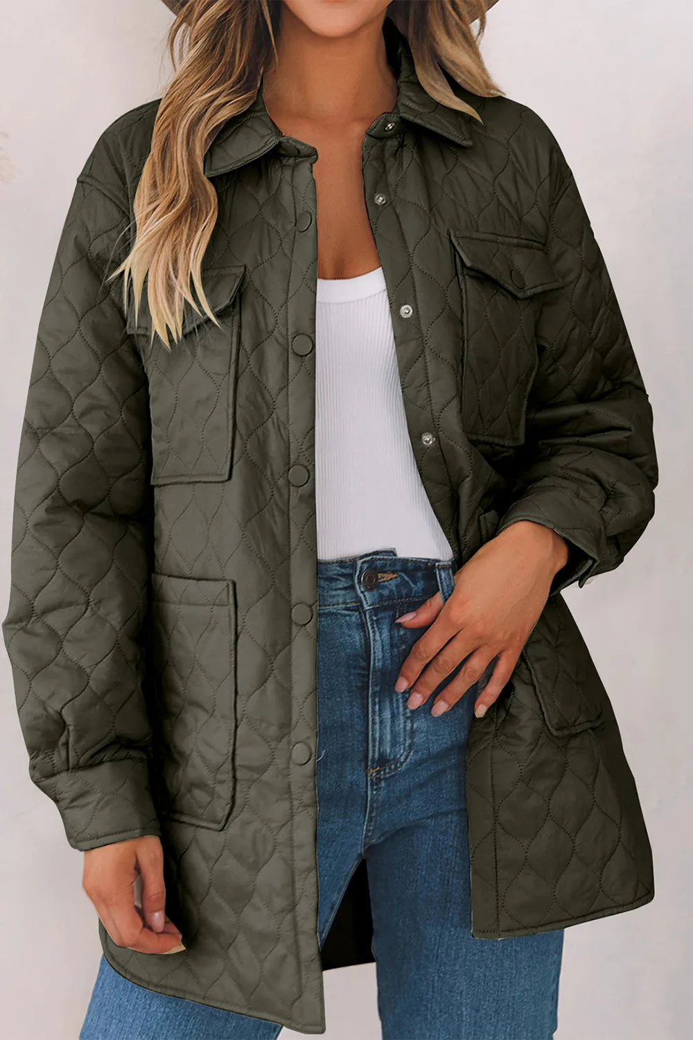 Snap Down Collared Winter Coat Army Green OutfitFlow