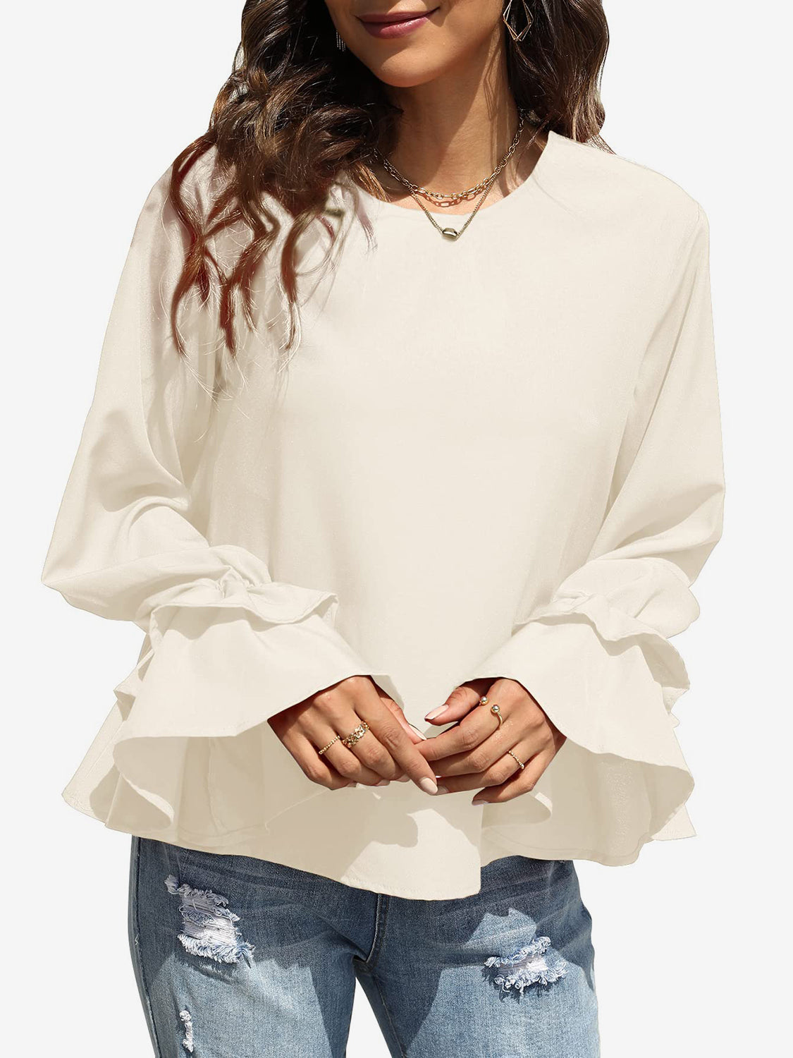 Round Neck Double-Layered Flounce Sleeve Top