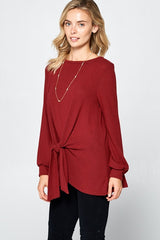 Outfit Flow - Super Lady Full Size Round Neck Knot Front Hacci Blouse