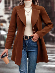 Collared Neck Long Sleeve Longline Coat Brown Trendsi